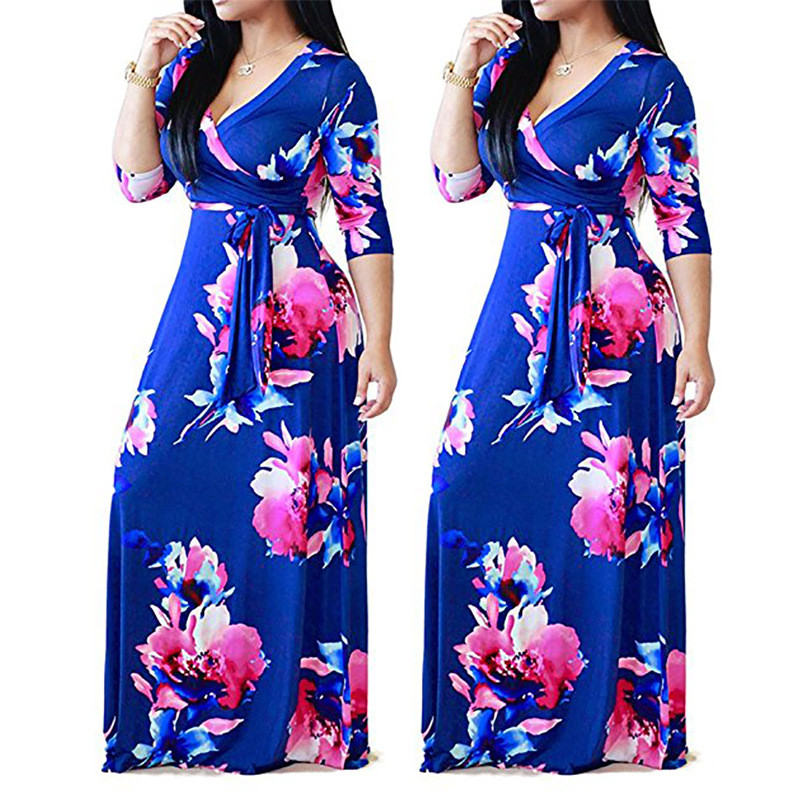Plus size S-5XL Elegant Women Robe Summer Printed Maxi Dress Fashion ...