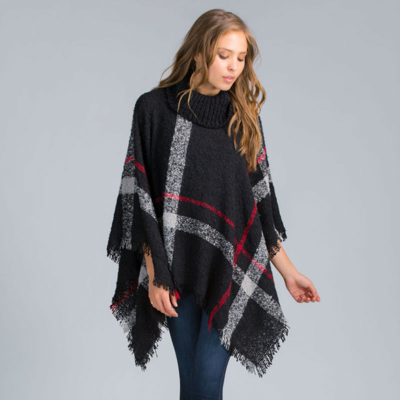 Plus Size Women's Wool Plaid Cardigan Turtleneck Cape Batwing Sleeve ...