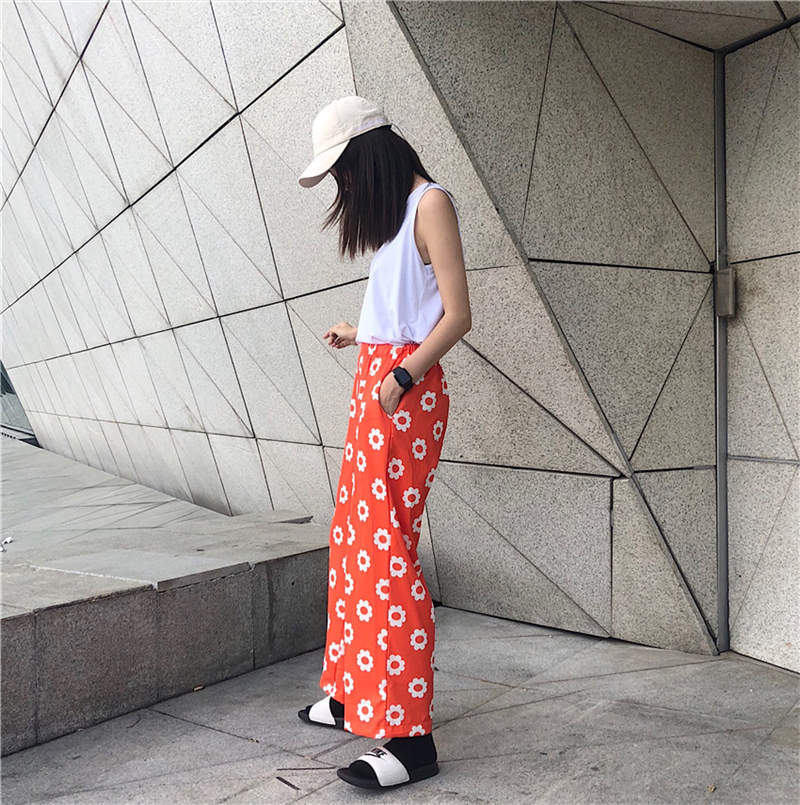 Korean Harajuku Wide Leg Pants Sun Flower Printing Pants 2019 Ankle