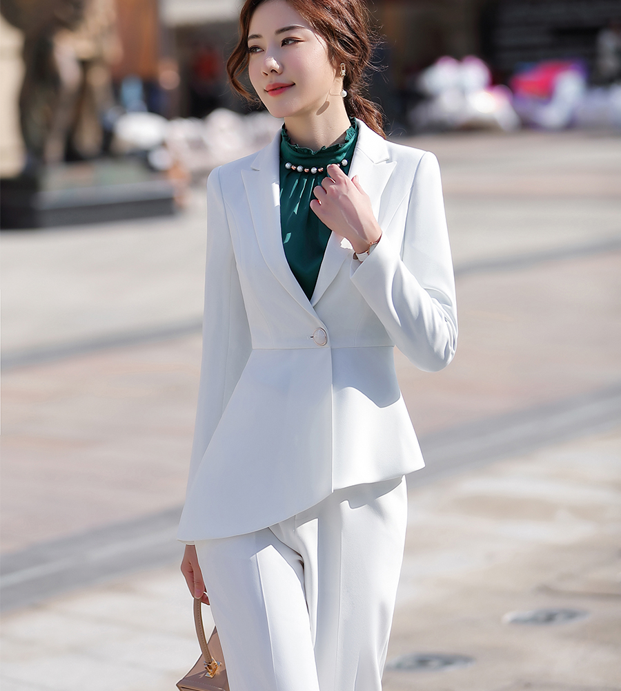 Women elegant pant suit slim fashion formal black white long sleeve ...